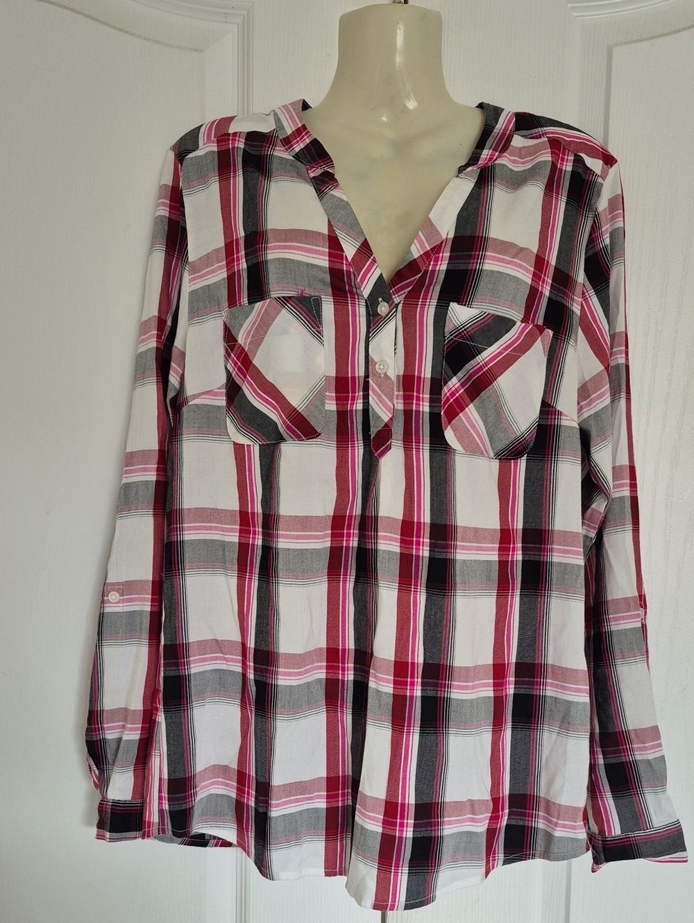 Weatherproof Pink, Black and White Plaid Shirt